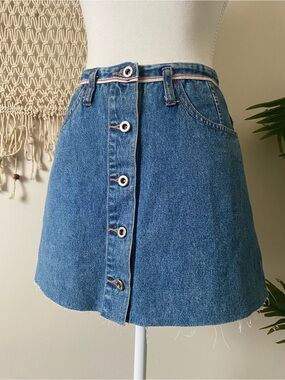 VTG 90s Unionbay Button Front Denim Mini Skirt Red White Trim Raw Hem XS